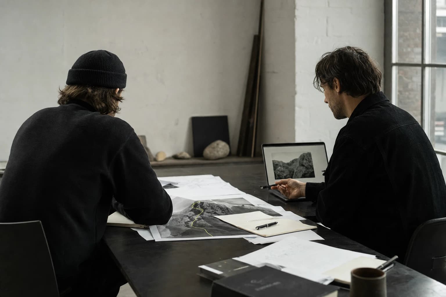 Two operators reviewing plans and a connected route at a studio table
